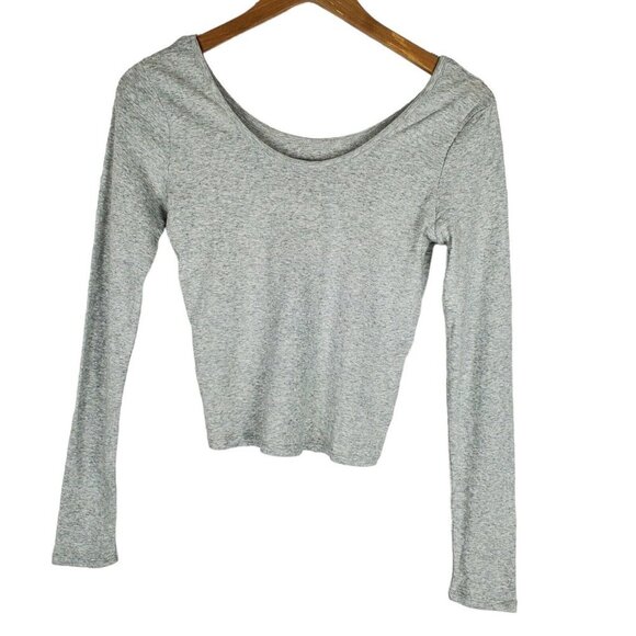 NEW Chaser Womens U Neck Long Sleeve Cropped Tee Shirt S Gray U Back Top - Picture 2 of 10